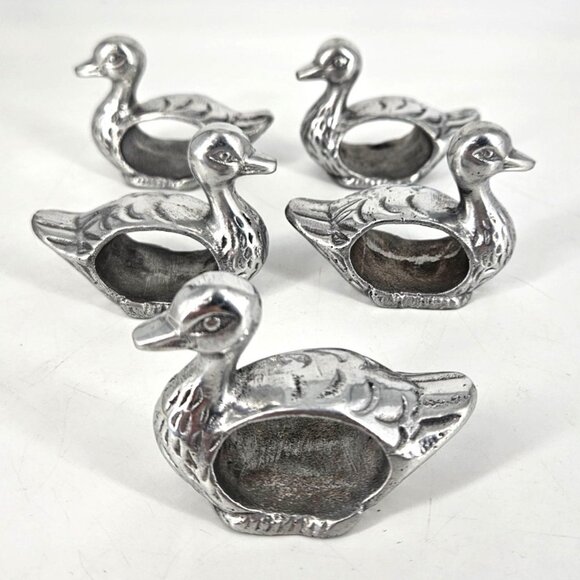 Vintage Pewter Metal Silver Napkin Rings Duck Animal Bird Ornithology Set of 5 - Picture 1 of 10